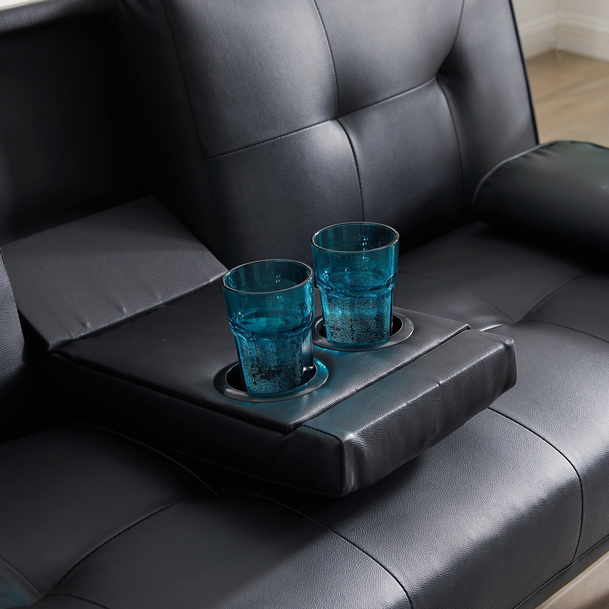 Faux Leather Loveseat Sofa Bed with Cup Holders , Convertible Folding Sleeper Couch Bed