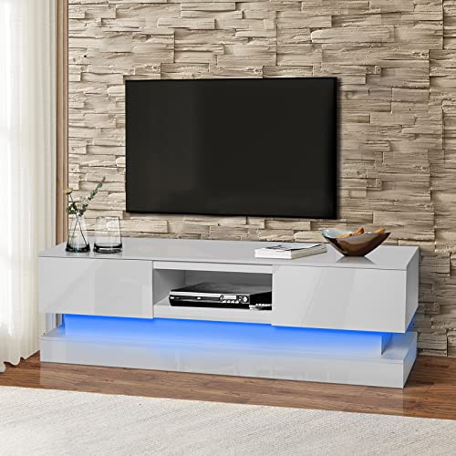 LED TV Stand Compatible with 32 40 50 55 Inch TV, Entertainment Center, High Glossy Front TV Cabinet, TV Console with 2 Large Storage Drawer