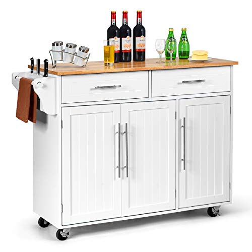 Giantex Kitchen Island Cart Rolling Storage Trolley Cart with Lockable Castors, 2 Drawers, 3 Door Cabinet, Towel Handle