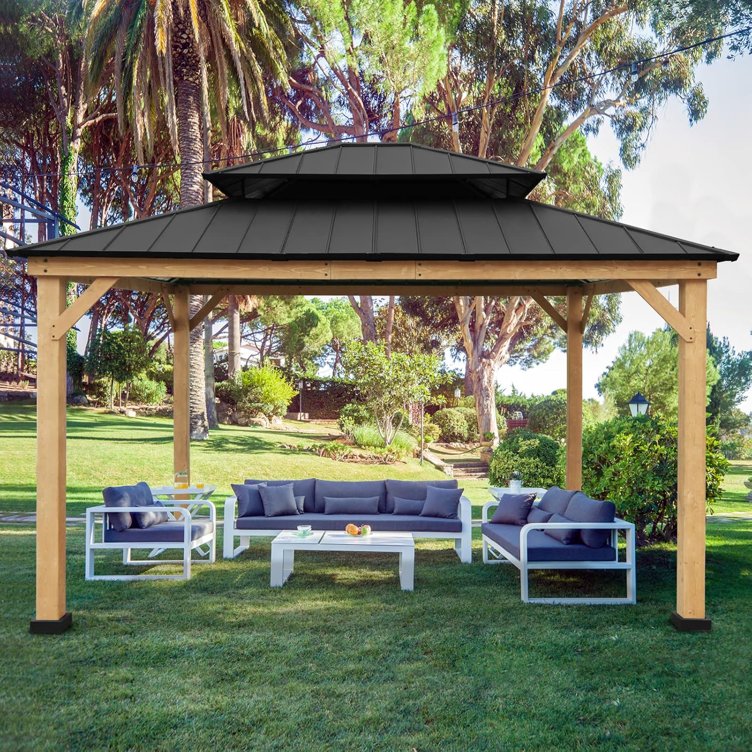 EAGLE PEAK 13’ x 11’ Solid Wood Patio Gazebo, Cedar Framed Outdoor Pavilion Cabana with Black Steel Gable Hardtop Roof, 12’x 10’ Frame, Black