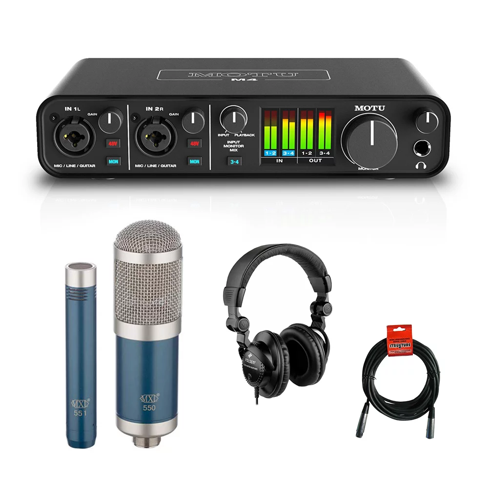 Motu M4 4x4 USB Audio Interface with MXL 550/551R Microphone (Blue), HPC-A30 Studio Monitor Headphones & XLR Cable Bundle - Curated Treasures Market