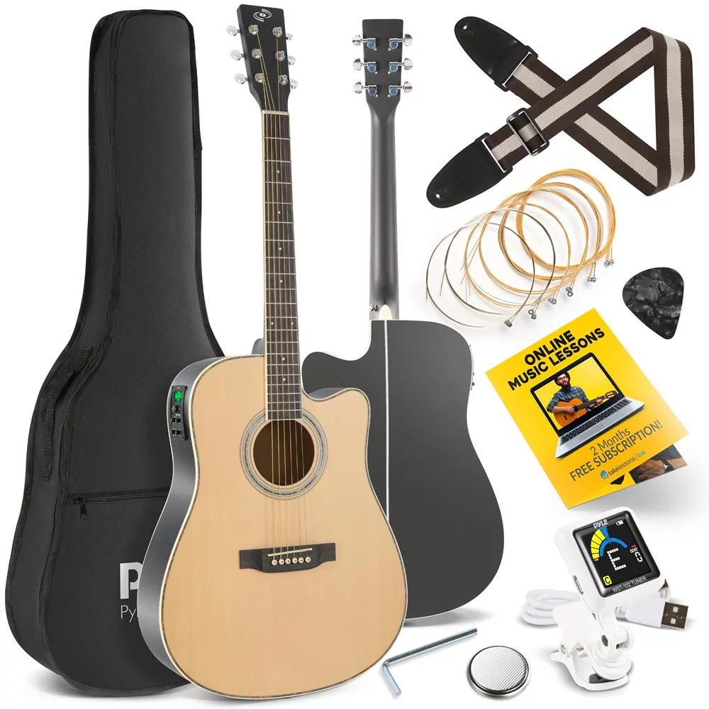 Pyle Acoustic Electric Cutaway Guitar 4/4 Scale 41&rdquo; Steel String Spruce Wood Onboard Tuner, Picks, Shoulder Strap for Beginners and Students