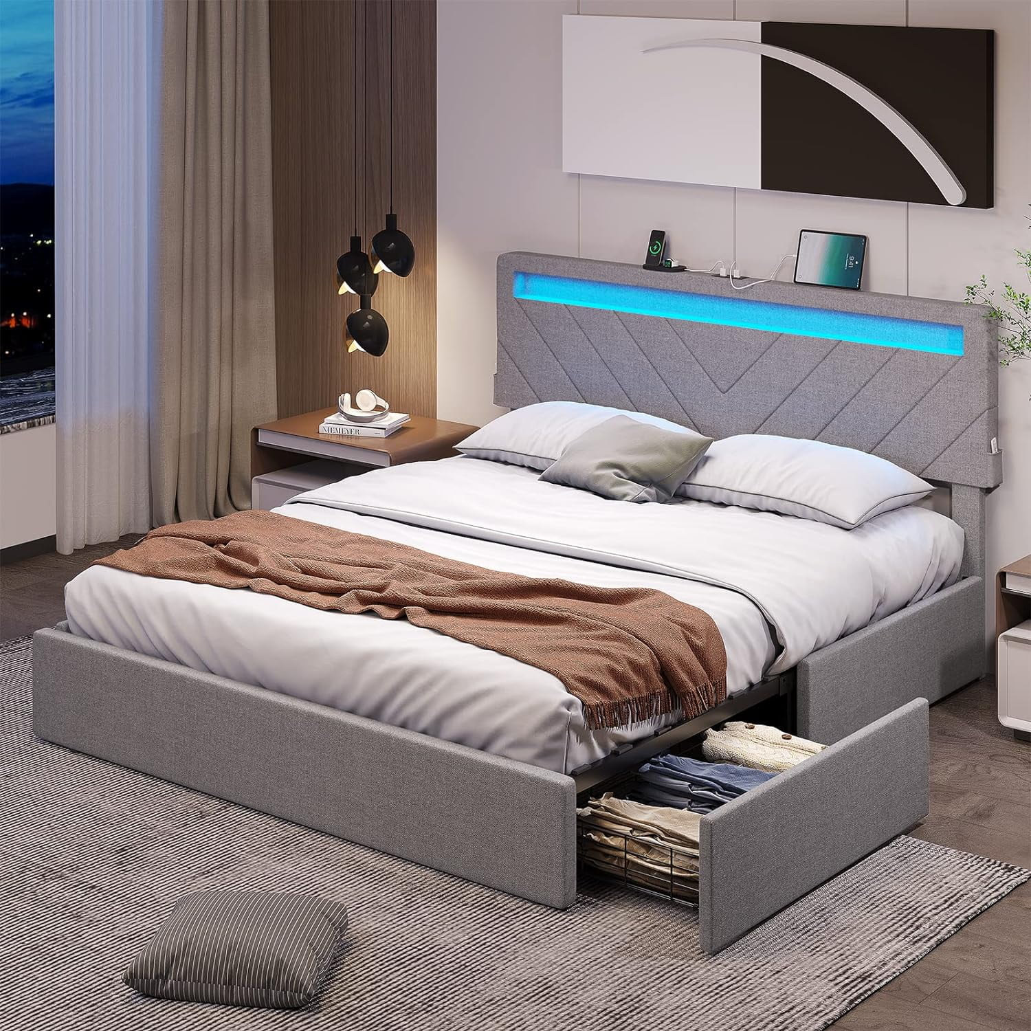 Queen Size Bed Frame with 4 Drawers, Upholstered Platform Bed with LED Lights Headboard and USB Charging Station, No Box Spring Needed, Dark Grey