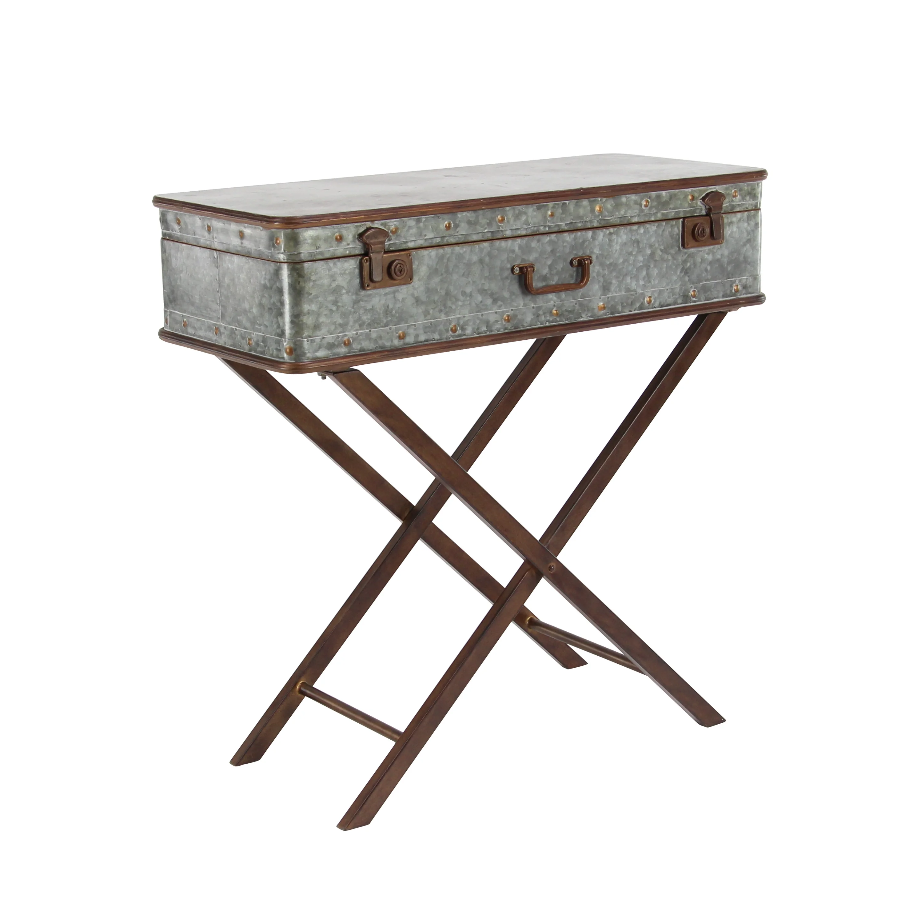 DecMode 32" x 32" Gray Metal Accent Table with Suitcase Style Top, 1-Piece