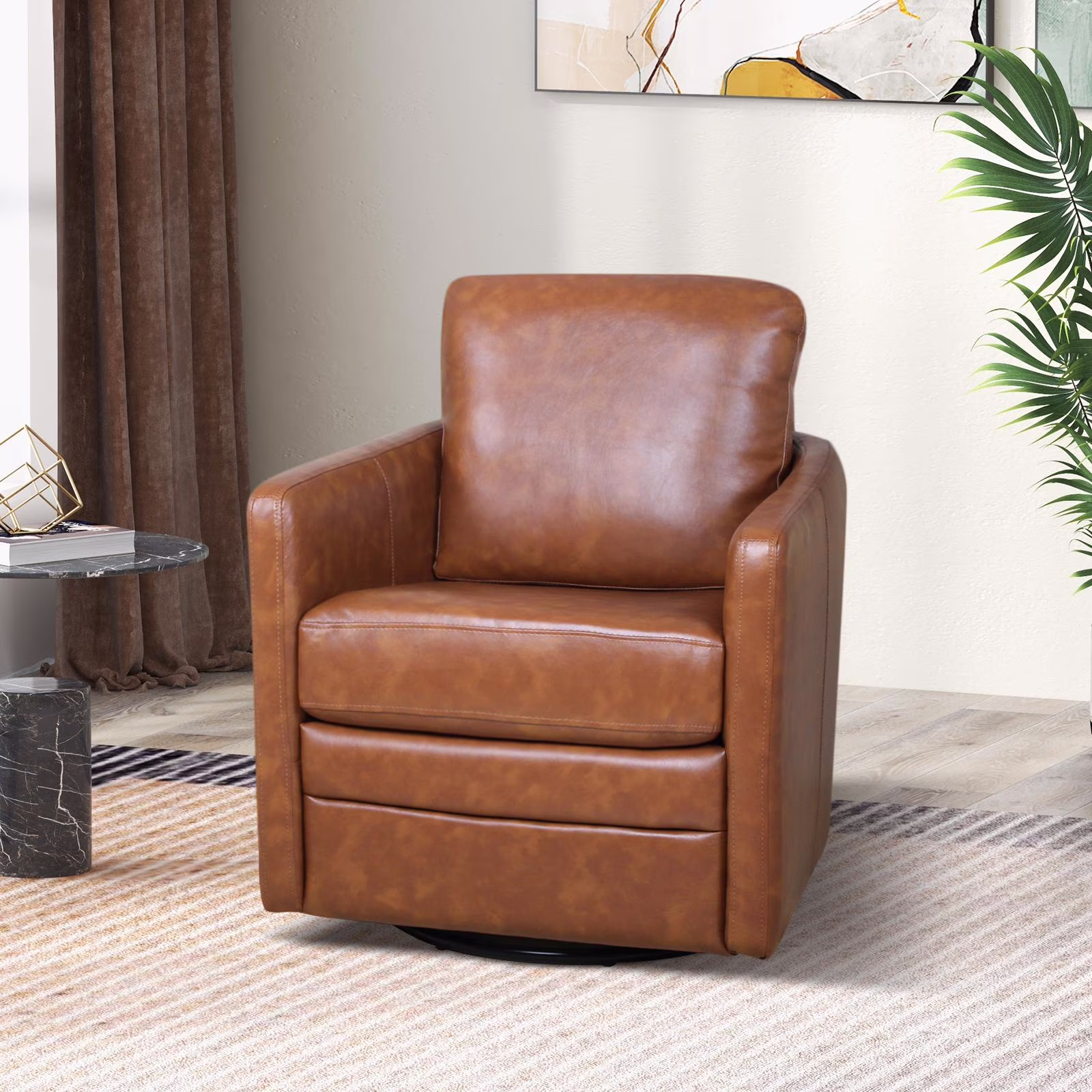ARTFUL LIVING DESIGN Faux Leather Swivel Accent Chair with Arms Living Room Adult Camel