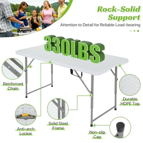 Folding Table 4 Foot Height Adjustable Foldable Table with Carrying Handle, Lightweight Plastic Table for Camping, Picnic, Party, BBQ