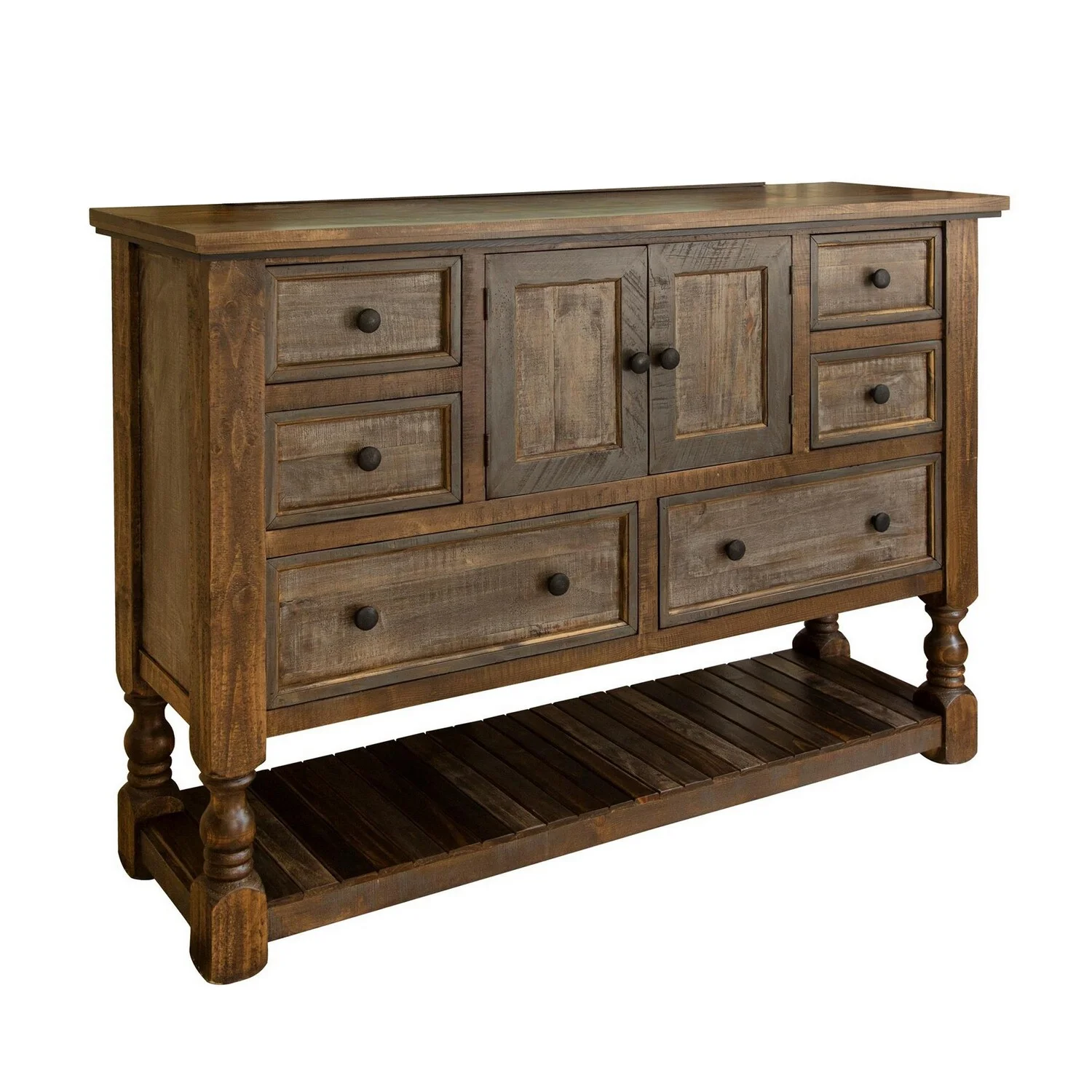 Benjara Sim 63 Inch Dresser, 4 Drawers, 1 Cabinet, Distressed Pine Wood, Brown