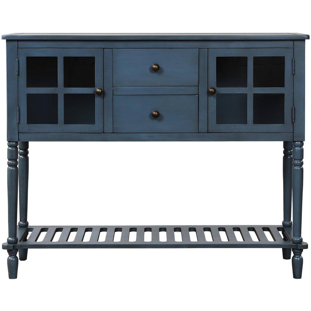 Qualfurn 42 in. Rectangle Antique Navy Wood Console Table with Buffet Storage Cabinets and Drawers