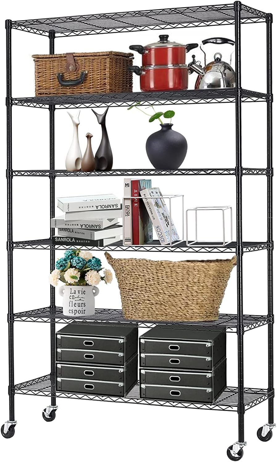 Commercial Wire Shelving Unit Metal Shelf Casters Adjustable Layer Rack Strong Steel for Restaurant Garage Pantry Kitchen Garage (48×18×72, Black)