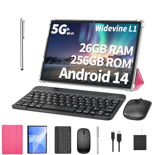 Android Tablet with Keyboard, 26GB RAM, 256GB ROM(1TB Expand), 10.1 inch Android 14 Tablet, 8000mAh Battery, BT 5.0, GMS Certified, 2.4G&5G WiFi