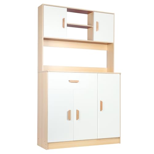 Multi-Function Kitchen Pantry Storage Cabinet, Freestanding Hutch with Buffet Cupboard, Microwave Stand, and Utility Pantry featuring Drawers, Doors