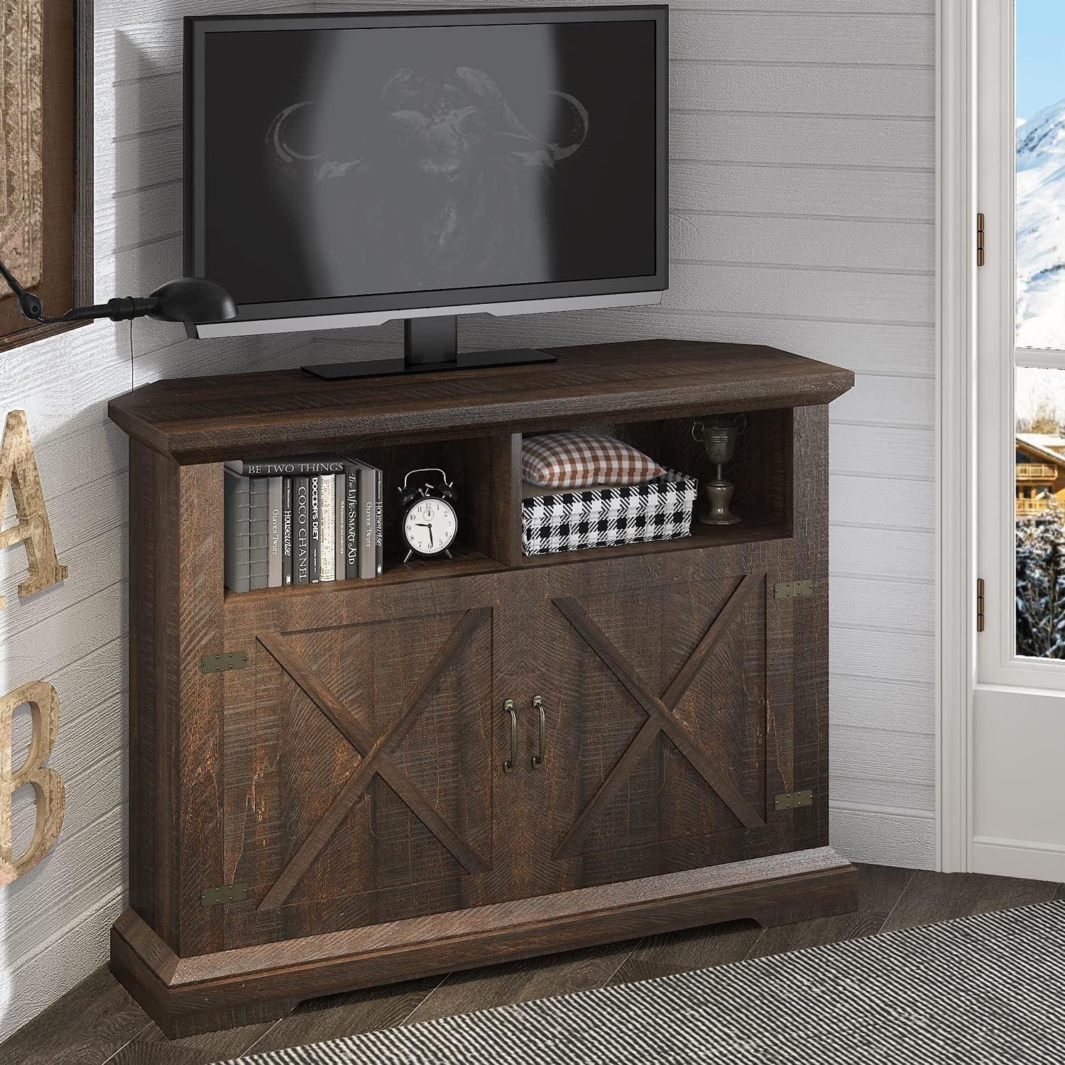 HOOMIC 44’’ Modern Farmhouse Corner TV Stand for TVs Up to 50 Inches, TV Console Table with Storage Cabinets