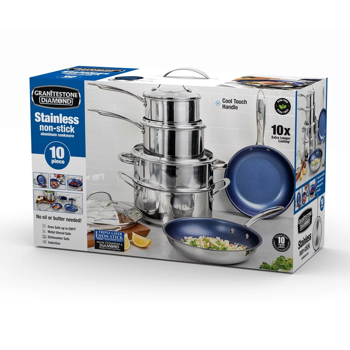 Granitestone Pro Stainless-Steel Pots & Pans Set Nonstick, Tri-Ply Base, 10 Piece Blue Nonstick Cookware Set includes Frying Pans