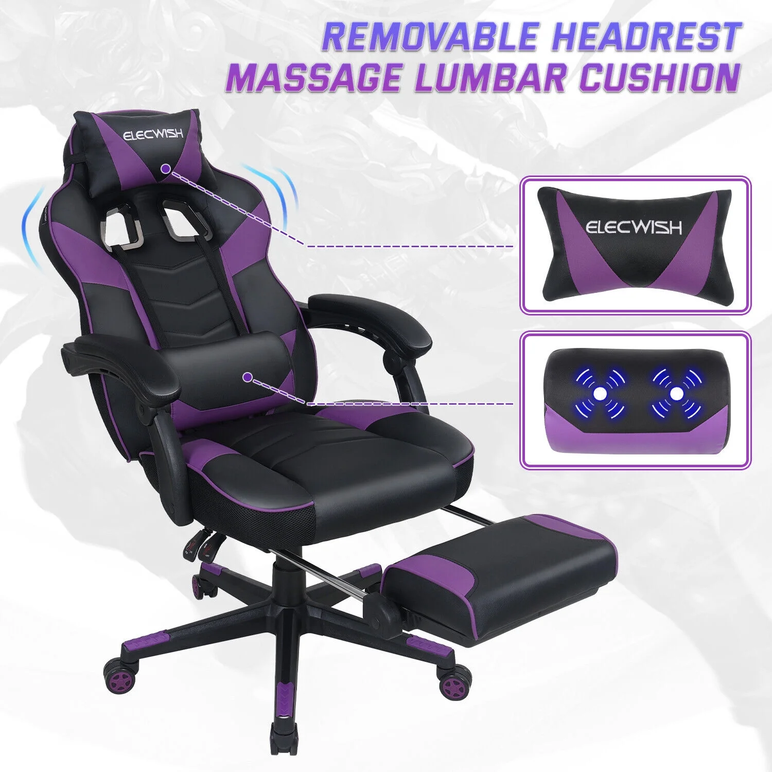 ELECWISH Gaming Chair Massage Office Chair Computer Executive Swivel Desk Seat Recliner Purple