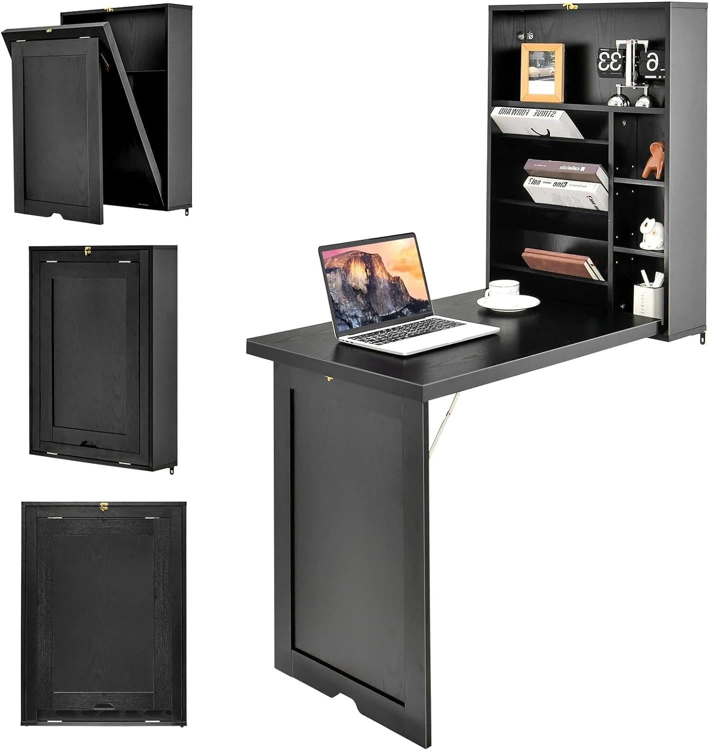 Wall Mounted Desk, Multi-Function Home Office Workstation with Storage Shelves, Space Saving Fold Out Convertible Floating Table for Bedroom