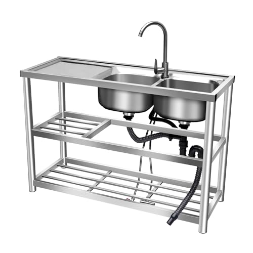2 Compartment Stainless Steel Commercial Kitchen Utility Sink + Prep Counter Utility Sink Freestanding Stainless Steel Double Bow Kitchen Set