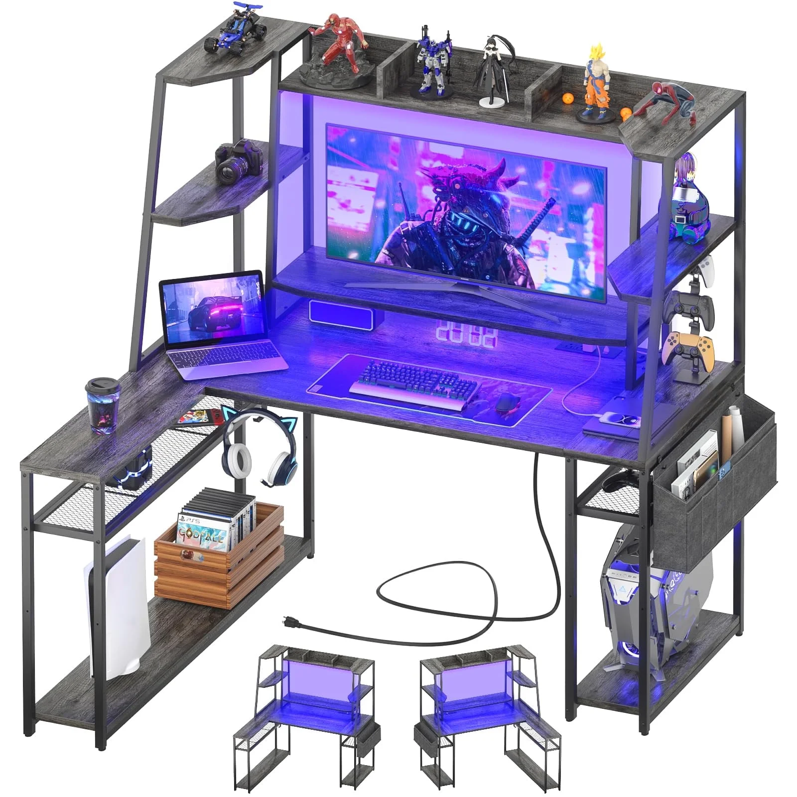 Homieasy Desk with LED Lights and Power Outlets, 47'' Reversible Large Corner Computer Desk with Hutch and Storage Shelf