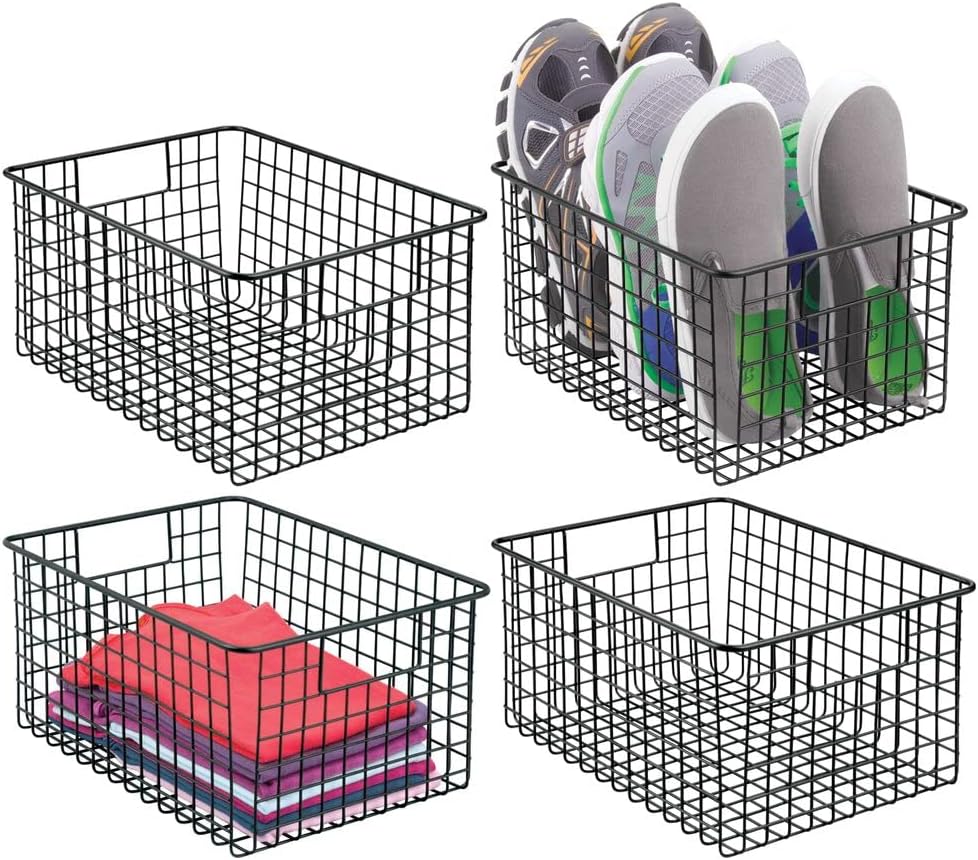 mDesign Farmhouse Decor Metal Wire Closet Storage Bin Baskets with Handles for Organizing Closets, Shelves, and Cabinets in Bedrooms, Bathrooms