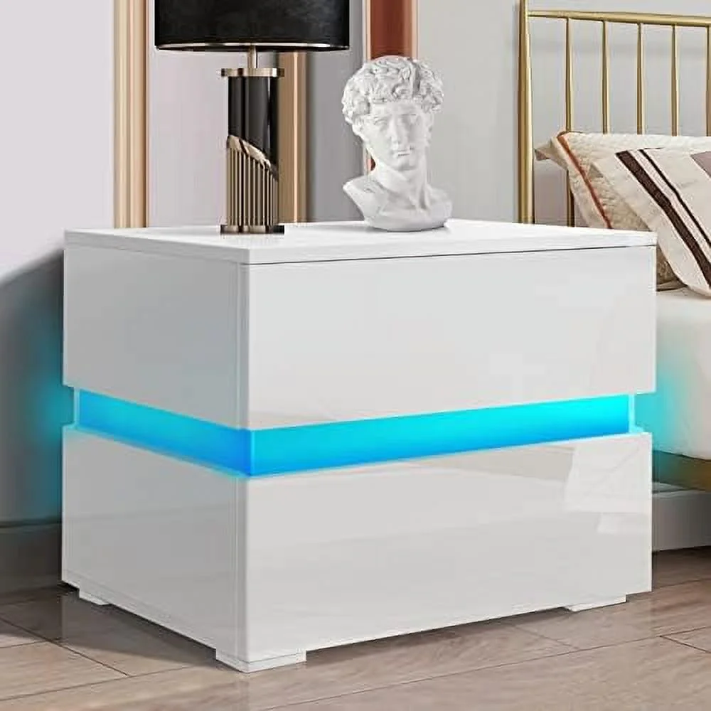LED Nightstand with 2 Drawers  Nightstand Black with  Cabinet High Gloss Night Table LED Bedside Table with 16 Colors LED End Table Smart Nightstand