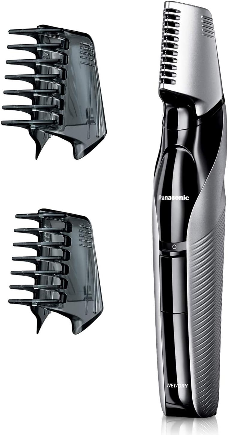 Panasonic Body Hair Trimmer for Men, Cordless Waterproof Design, V-Shaped Trimmer Head with 3 Comb Attachments for Gentle