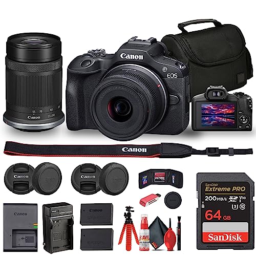 Canon EOS R100 Mirrorless Camera with 18-45mm and 55-210mm Lenses Kit (6052C022) + Bag + 64GB Card + LPE17 Battery + Charger + Card Reader + Flex