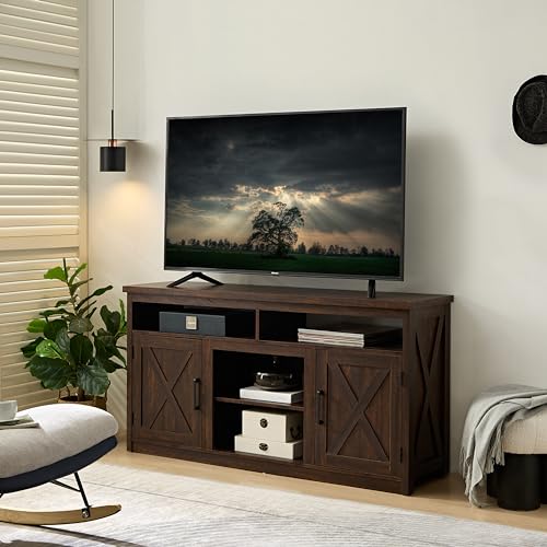 Fireplace TV Stand with Sliding Barn Door for TVs up to 65", Farmhouse 58" Fireplace Entertainment Center with Storage Cabinets/Adjustable Shelves