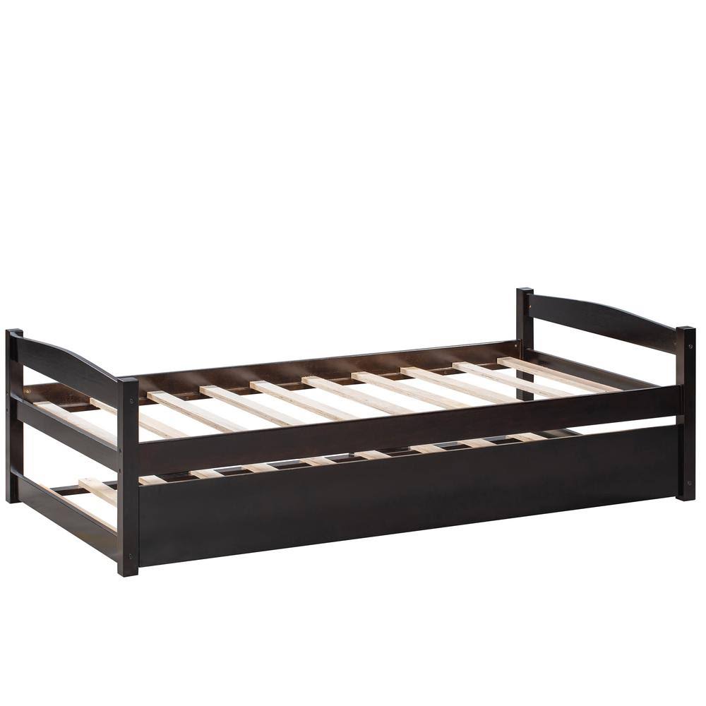 Qualfurn Espresso Twin Size Wooden Daybed with Trundle, Brown