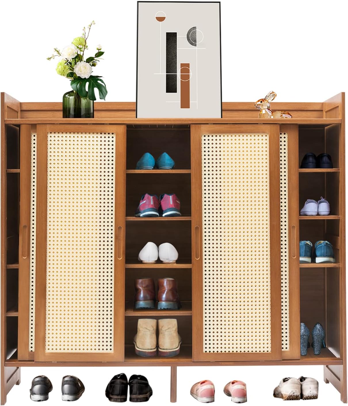 6 Tier Shoe Cabinet Storage with Grid Doors for Entryway Natural Bamboo Shoe Cabinet Shoe Rack Shoe Organizer Space Saving Shoe Storage Bench for
