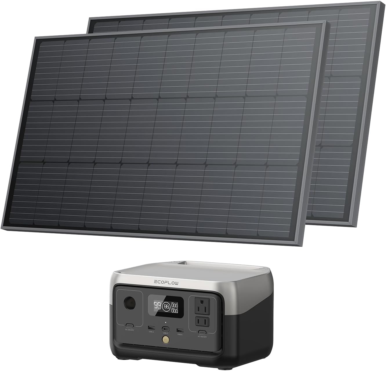 EF ECOFLOW Solar Generator 256Wh RIVER 2 with 2x100W Solar Panel LiFePO4 Battery, Up to 600W AC Outlets