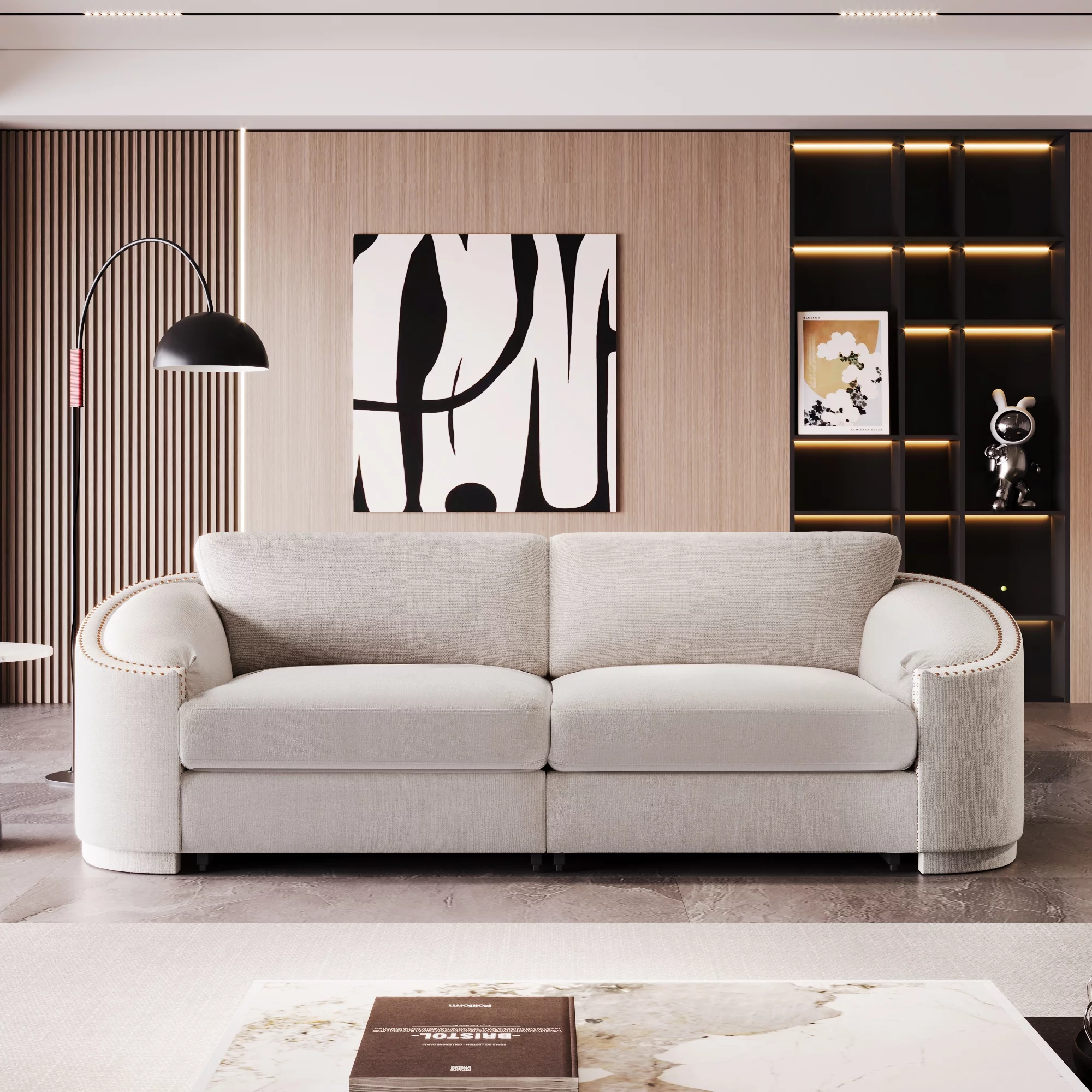 3-Seater Sofa Couch, KAMIDA Sofas and Couches, Upholstered Sofa Couch with Semilunar Arm and Rivet Detailing