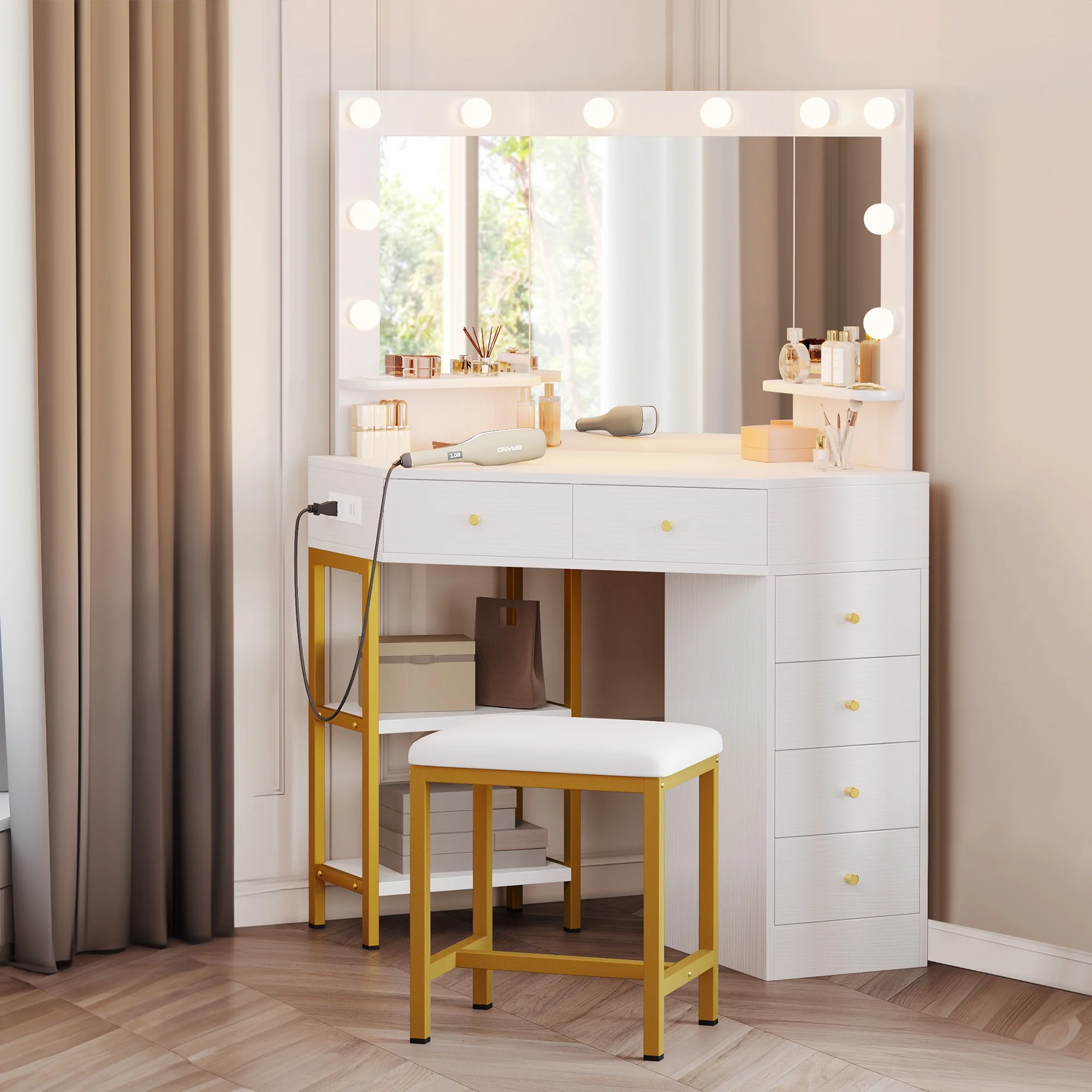 Dextrus Corner Vanity Desk With Lights & Mirror, Makeup Vanity with Shelf & 6 Drawers, Vanity Dressing Table for Makeup