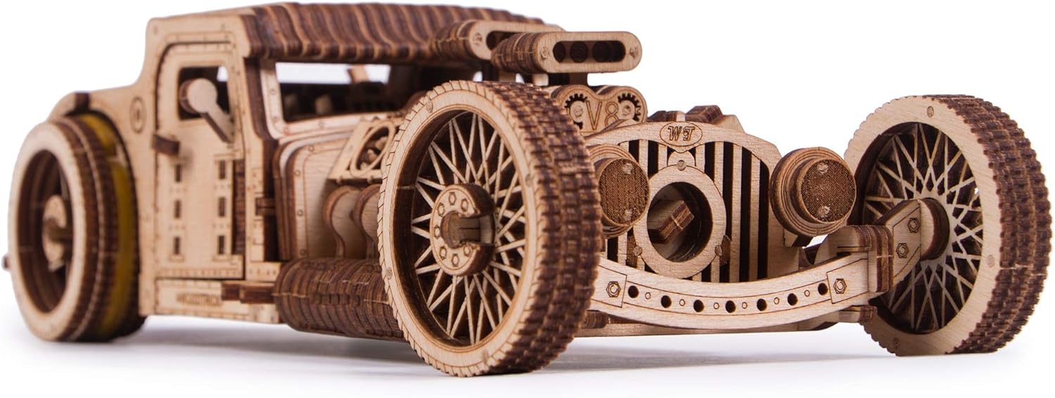 Wood Trick Hot Rod Wooden Model Car Kit to Build - Rides up to 32 feet - Very Detailed and Sturdy - No Batteries - 3D Wooden Puzzle