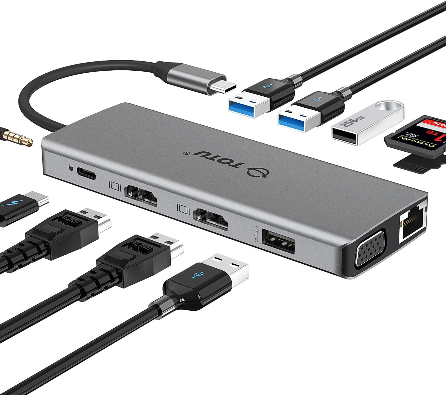 USB C Hub, TOTU 13-in-1 Type C Hub with Ethernet, 4K USB C to 2 HDMI, VGA, 2 USB 3.0, 2 USB 2.0, 100W PD, SD/TF Cards Reader