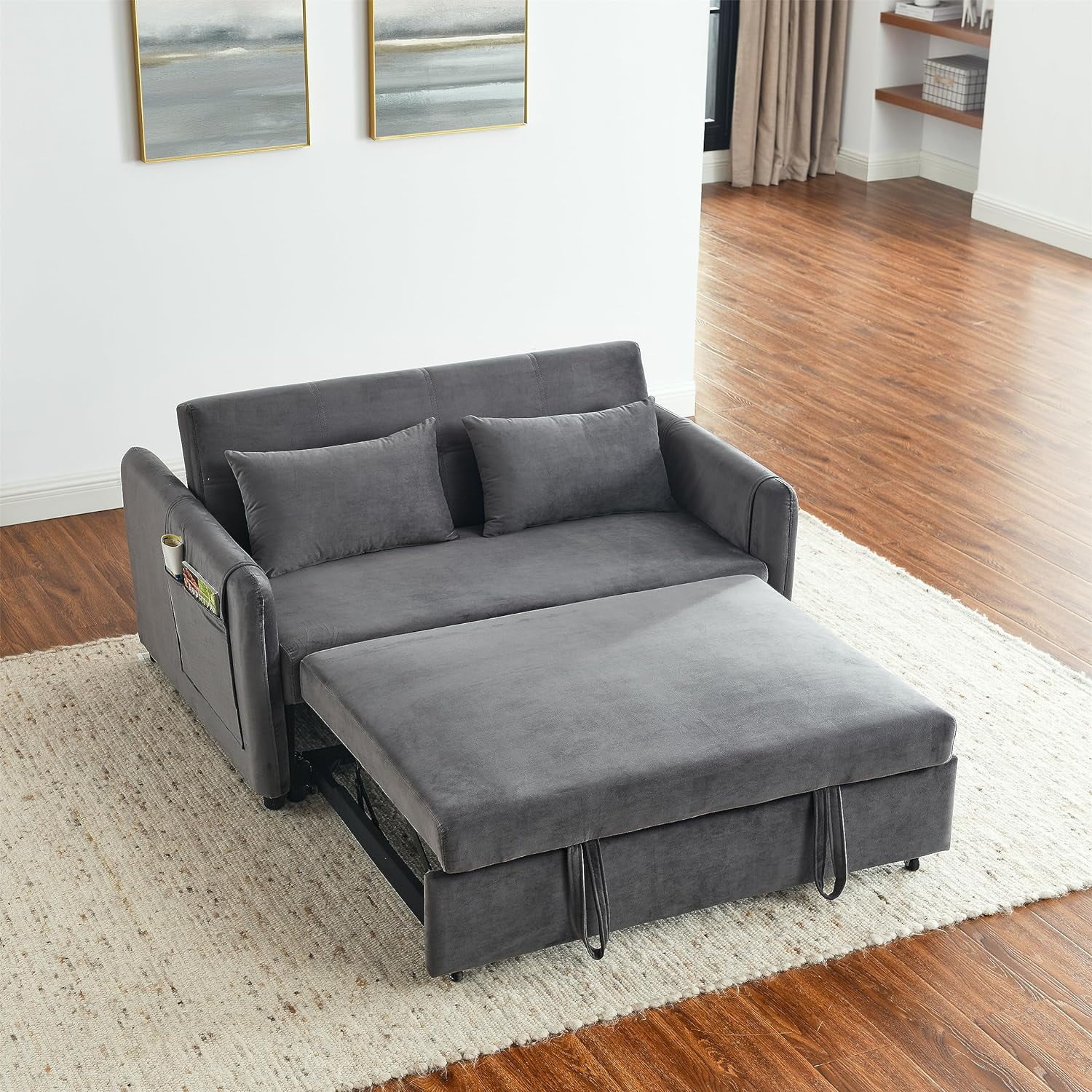 Mbolyeer 54" Modern Convertible Sleeper Sofa Bed, Velvet Loveseat Sofa Couch w/Pull-Out Bed, Seat with Adjustable Backrest, Lumbar Pillows