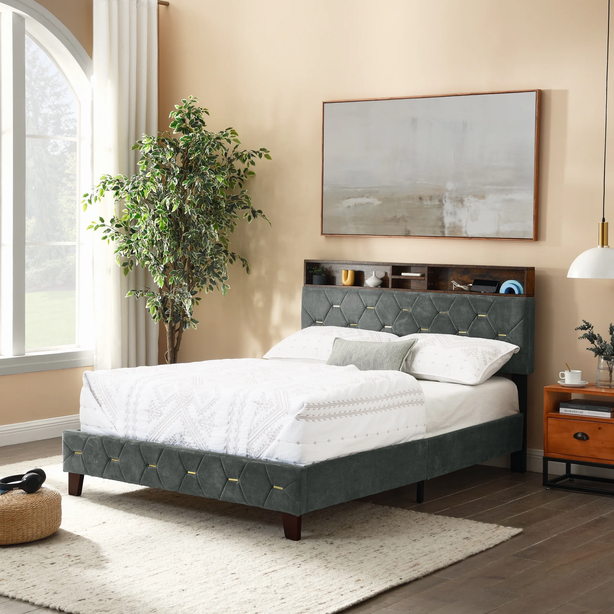 Upholstered Bed 140 x 200 cm with USB and Storage Headboard. Double Bed with Slatted Frame and Bed Box. Youth Bed. Family Bed with Linen Upholstery