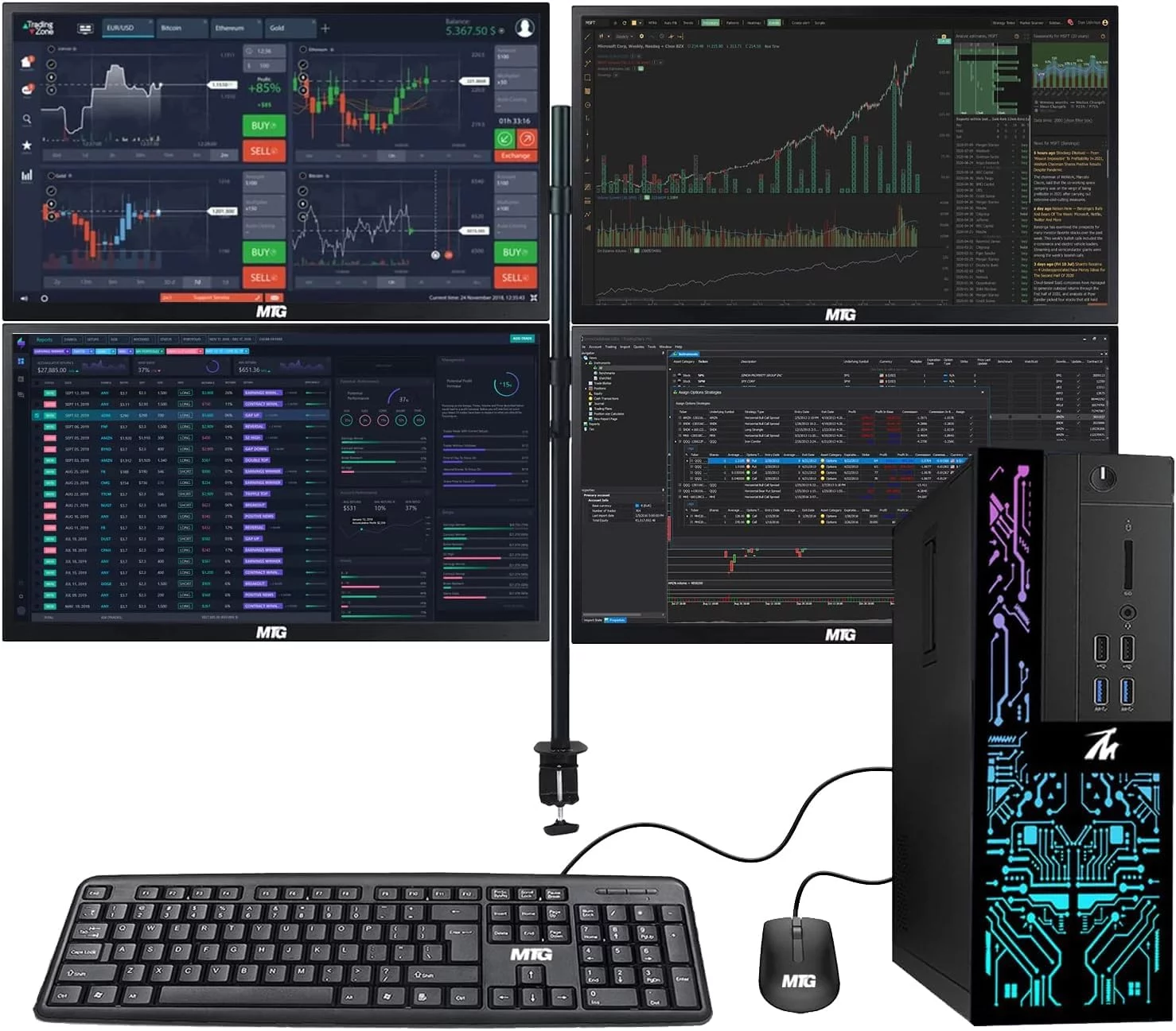 Restored Trading Desktop PC TechMagnet Siwa 6 Intel Core i5-6500, 16GB RAM, 120GB SSD, 2TB HDD, 4 New 27” LED Monitors, 2 Network Cards