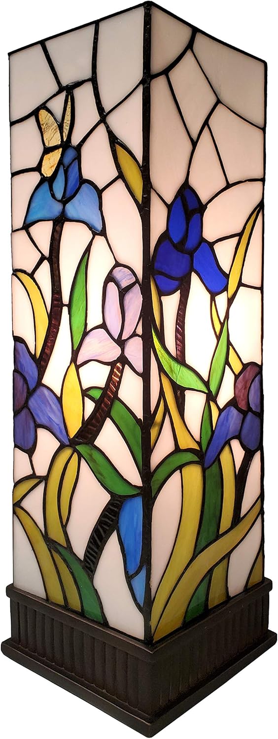Amora Tiffany Style Table Lamp Banker Blue Green Pink Iris Flower Butterfly Stained Glass Bedside Nightstand Vintage Antique 17.5" Tall 6" Wide