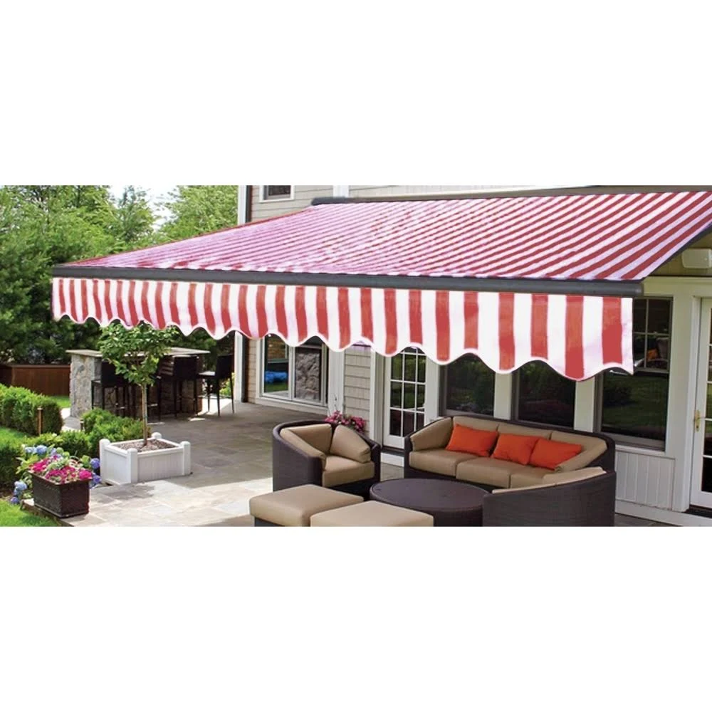 Half Cassette Motorized Retractable Patio Awning - 13 x 10 Feet - Red and White Stripes | Aleko
