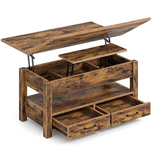 Rolanstar Coffee Table Lift Top, Multi-Function Convertible Coffee Table with Drawers and Hidden Compartment