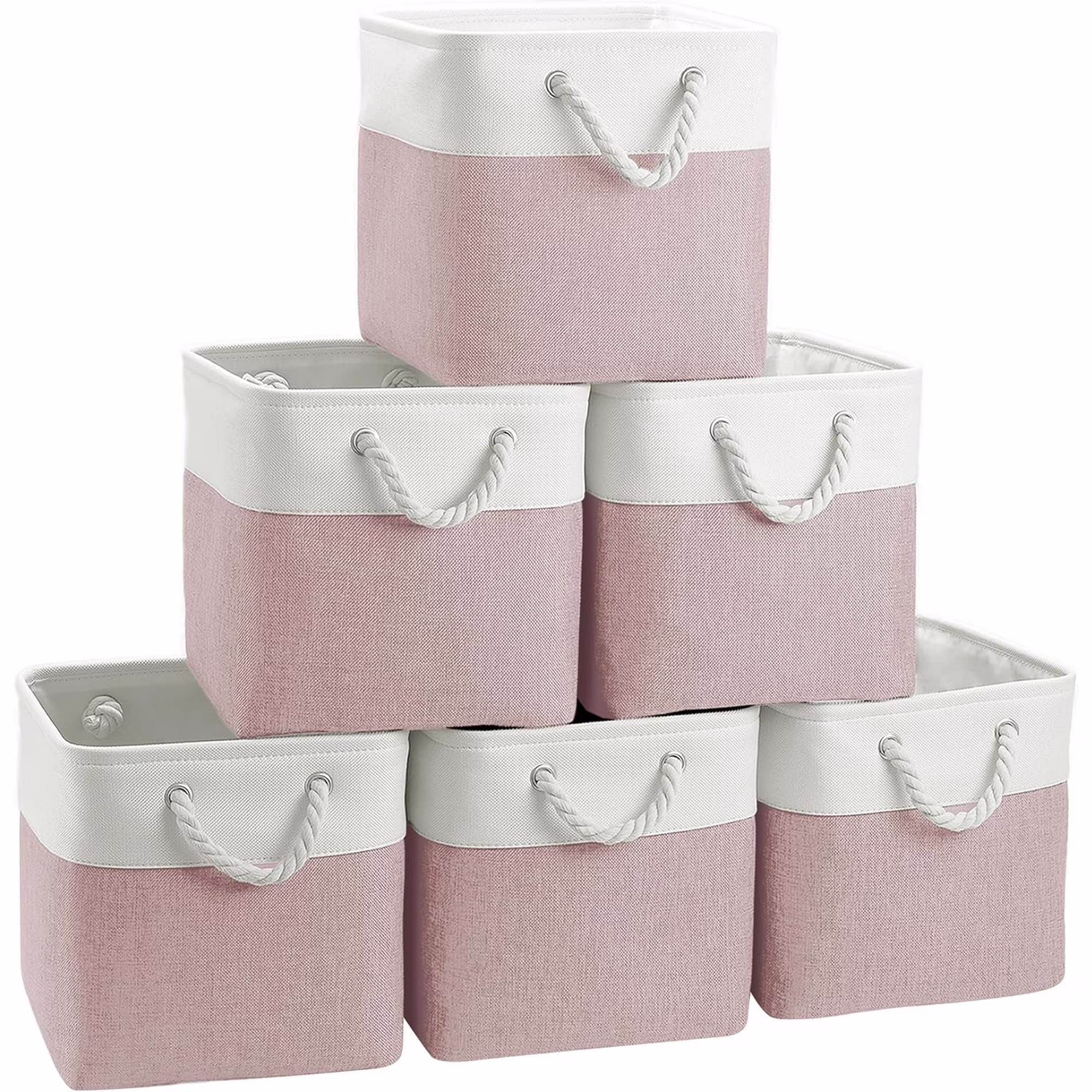 Cube Storage Bins, 6 Pack 11x11 inch with Cotton Handles for Closet, Shelves, Clothes, Toys, Towel (White/Pink)