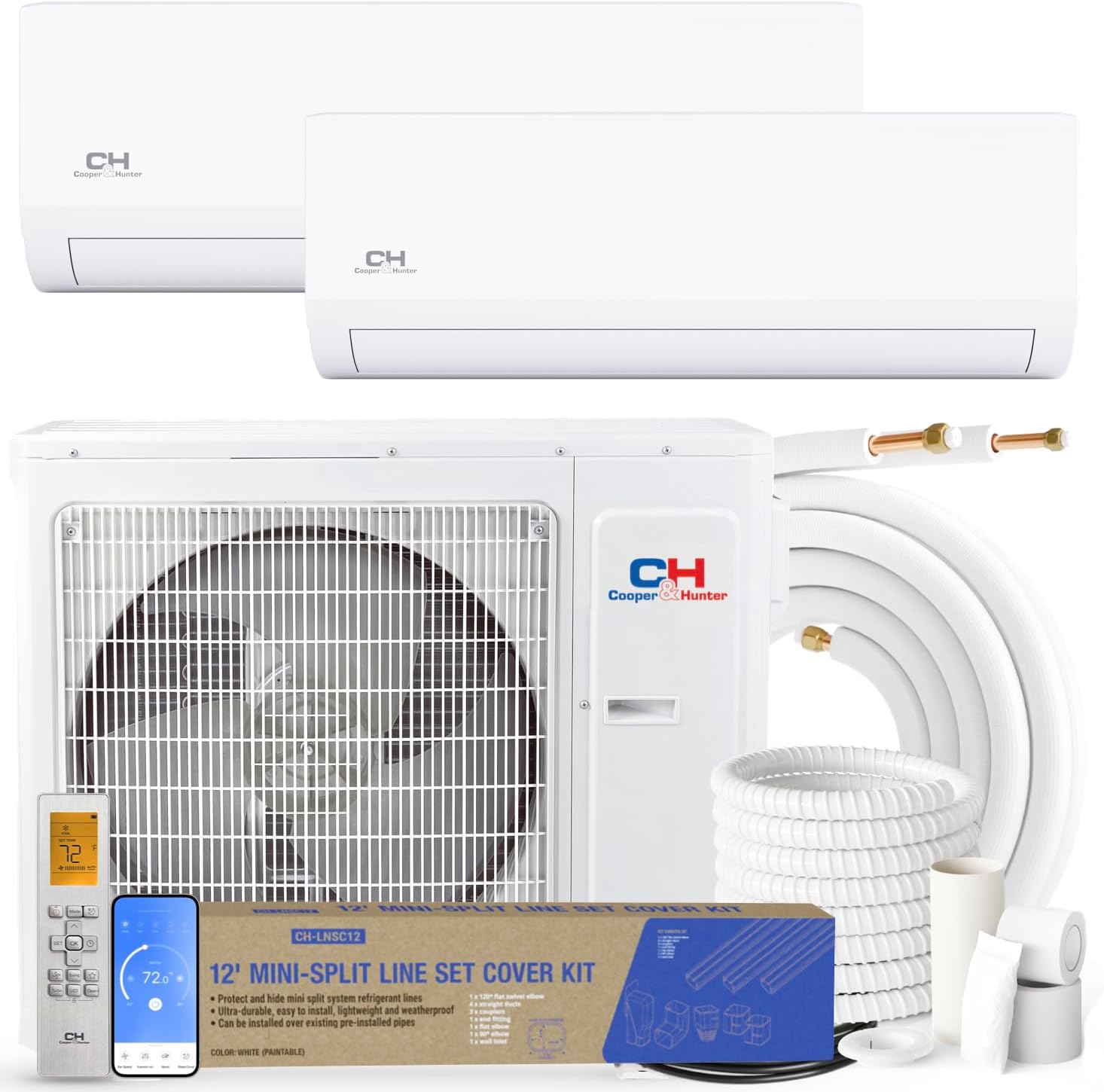 Cooper & Hunter 18,000 BTU Dual 2 Zone 9,000 + 9,000 BTU Mini Split AC/Heating Wall Mount System Including Installation Kits, Smart Kit