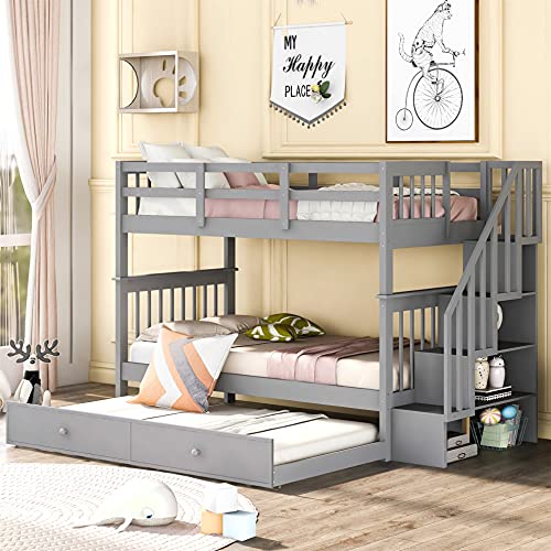 Harper & Bright Designs Twin Over Twin Bunk Bed with Stairs and Trundle, Solid Wood Stairway Bunk Bed Frame with Storage