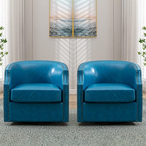 Swivel Accent Chair Set of 2, Faux Leather Comfy Round Barrel Chair for Living Room