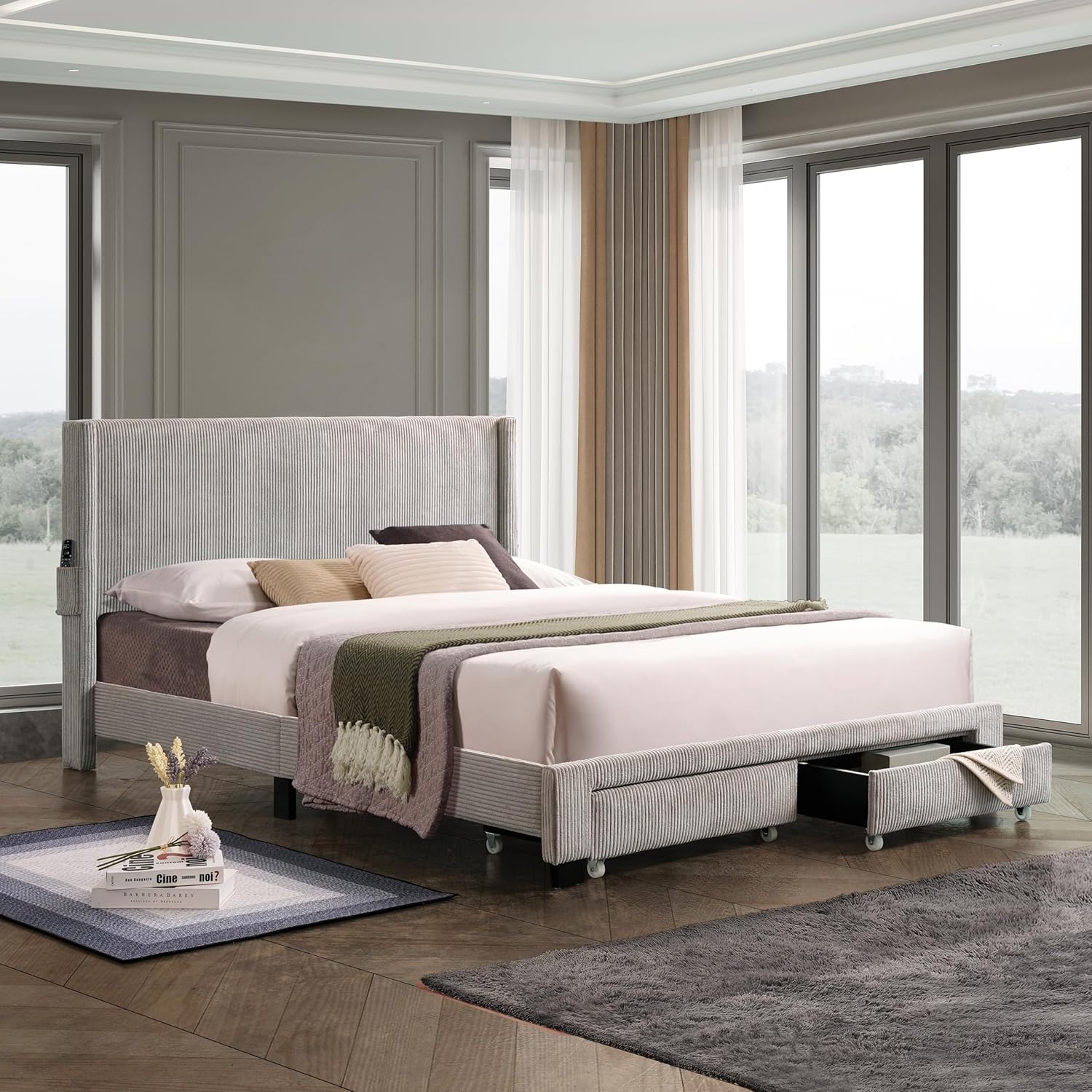 Queen Size Bedroom Platform Bed Frame with Corduroy Velvet Headboard and Drawer Storage