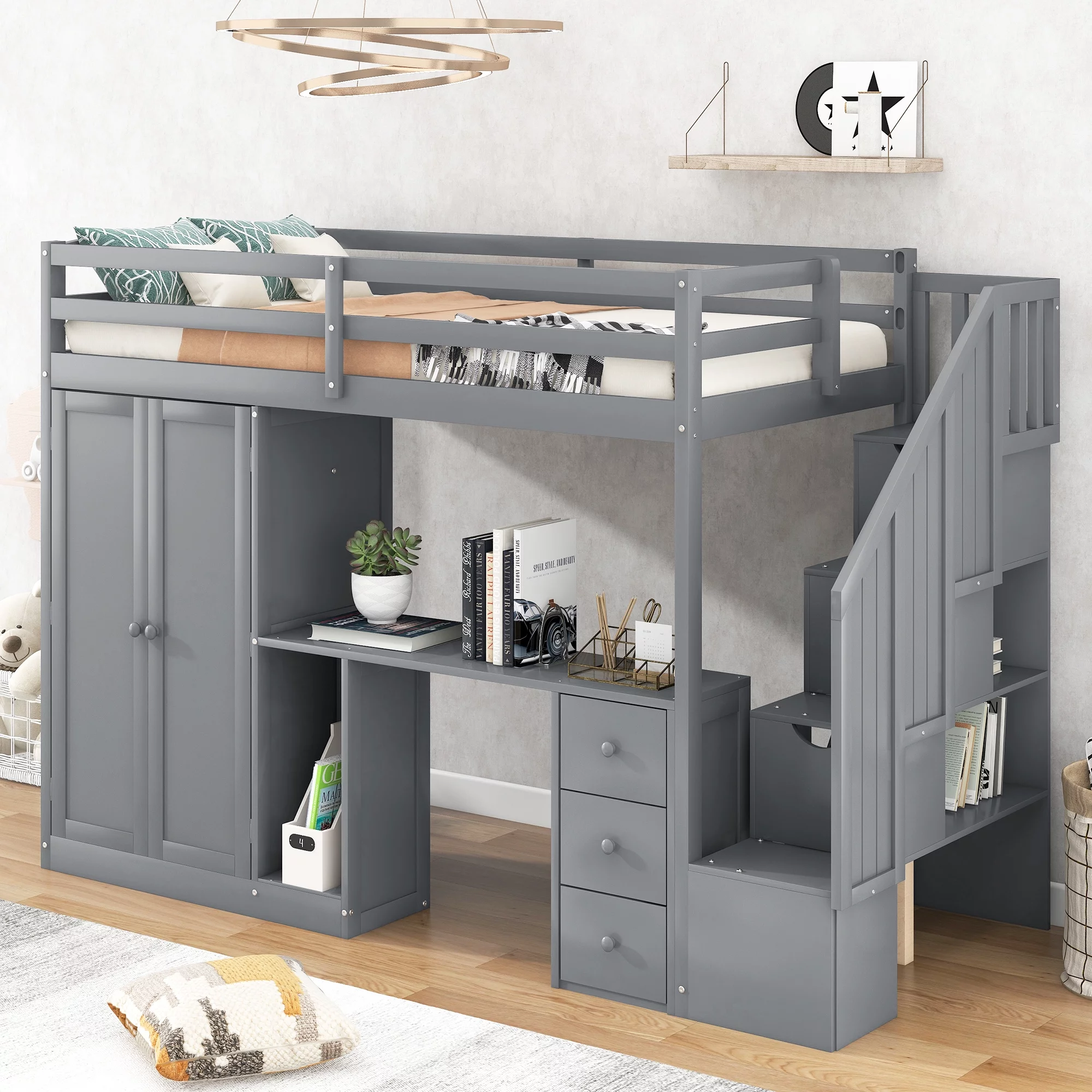 CoSoTower Twin Size Loft Bed With Wardrobe And Staircase, Desk And Storage Drawers And Cabinet In 1, Gray - Curated Treasures Market