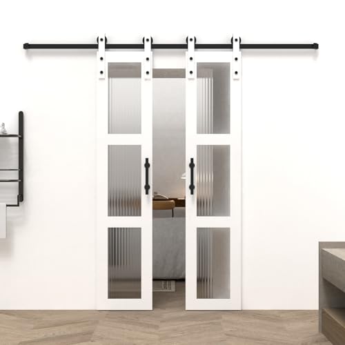 32 x 84 Inch Glass Sliding Barn Door Slab and 5.5ft Hardware Kit Included, 5 Frosted Glass