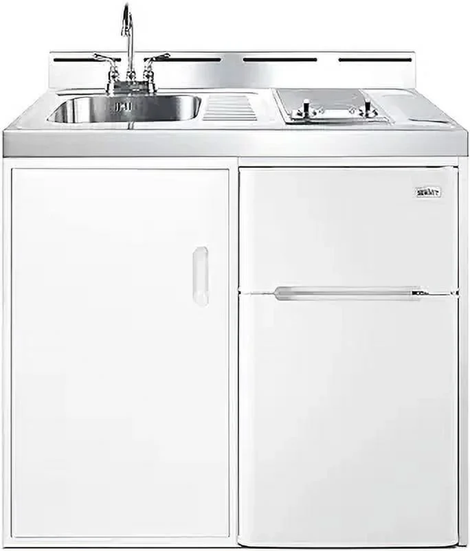 39 inch wide all-in-one kitchenette with 2-burner 115V smooth-top cooktop, refrigerator-freezer, sink, and storage cabinet