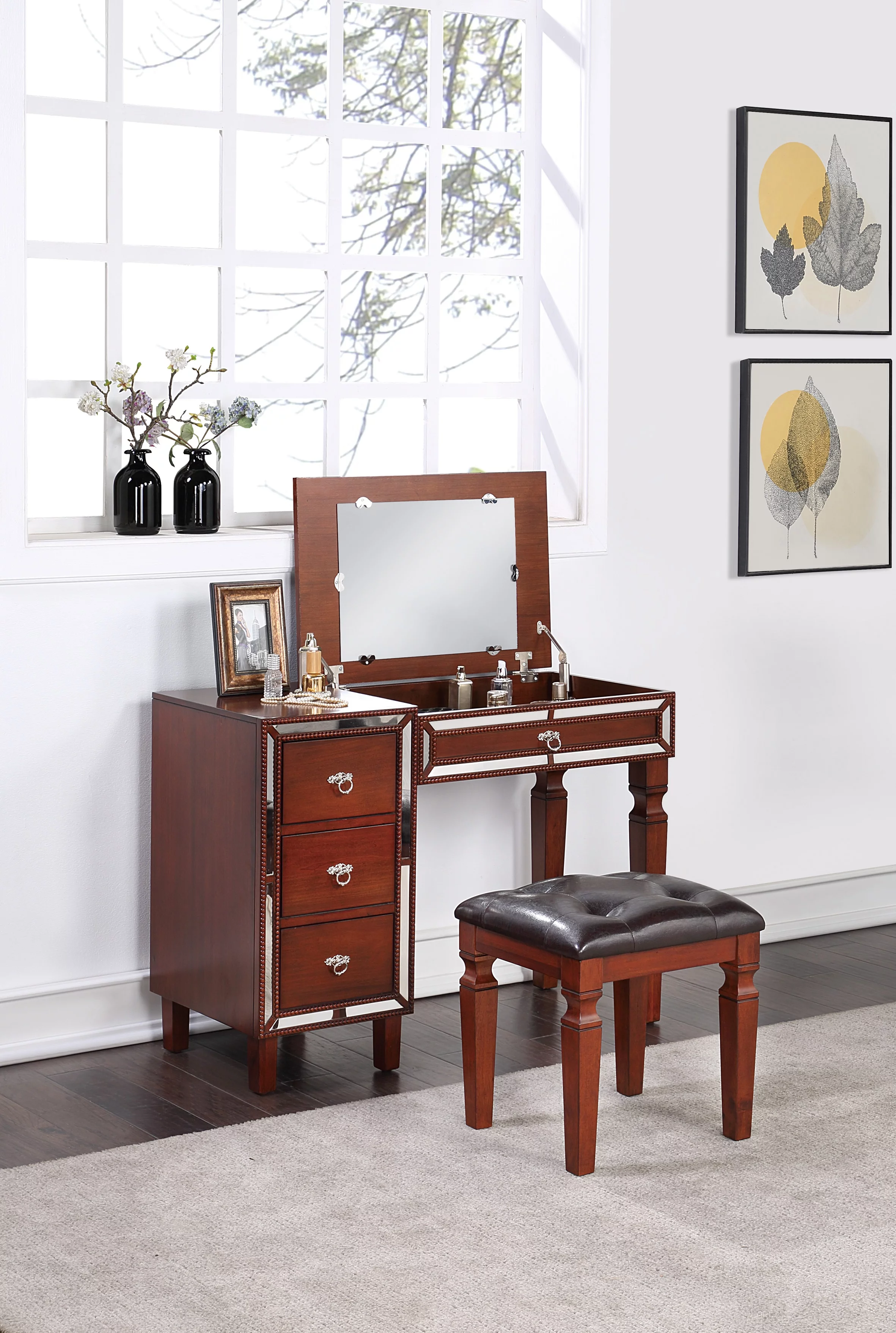 CoSoTower Traditional Formal Cherry Color Vanity Set W Stool Storage Drawers 1PC Bedroom Furniture Set Tufted Seat Stool