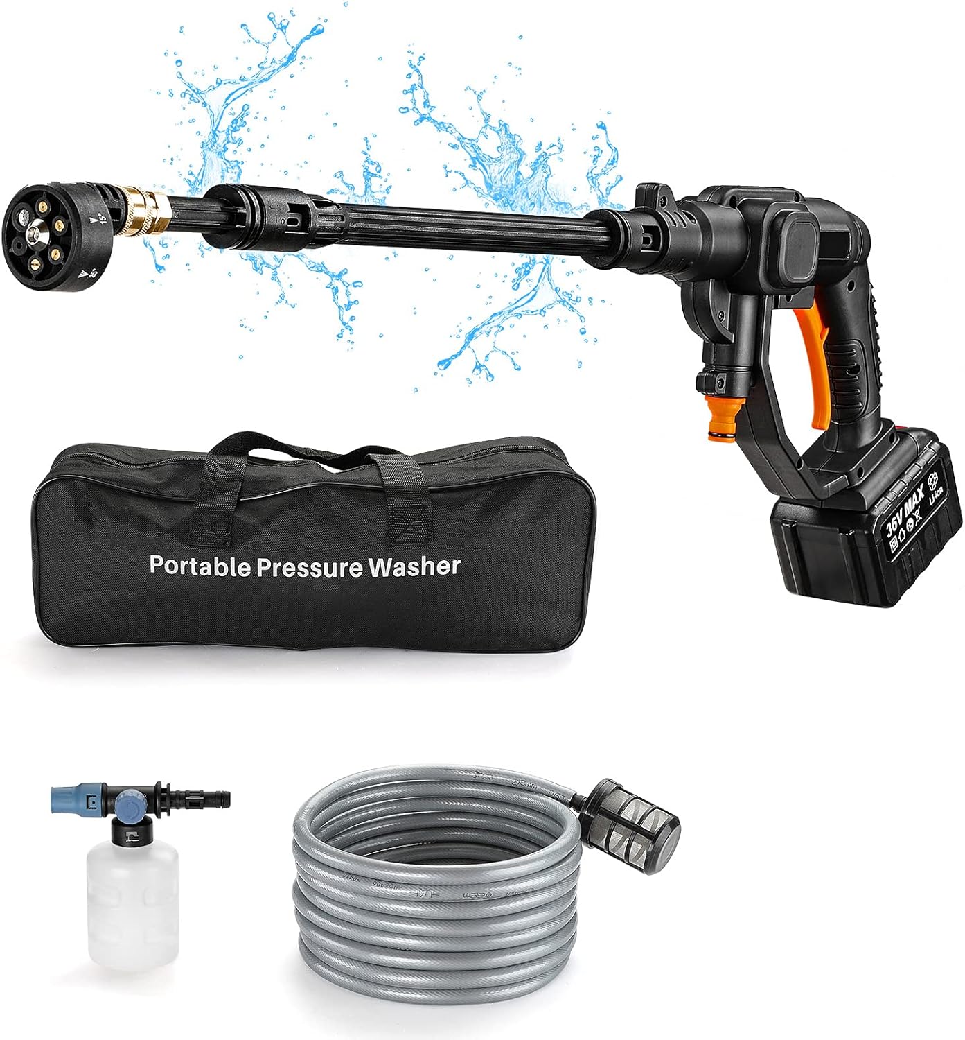 Cordless Power Washer, Portable Cordless Pressure Washer with 5-in-1 Spray Nozzle, 2.25Ah Battery, Max 507PSI / 1.08GPM for Washing Cars/Fences/Siding