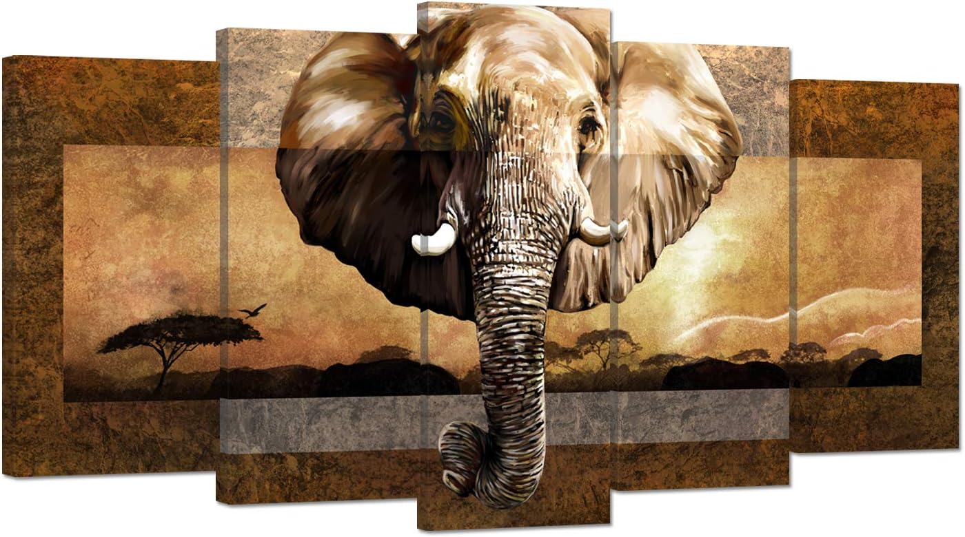 iHAPPYWALL Large 5 Pieces African Animal Canvas Wall Art Wild Elephant African Landscape Artwork Painting on Canvas For Modern Home Bedroom Decor